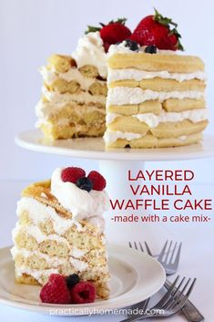 layered vanilla waffle cake made with a cake mix