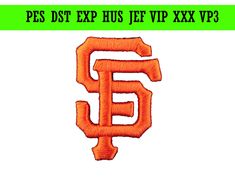 an embroidered patch with the letter f on it in orange and green, that says pes