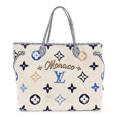 This is an authentic LOUIS VUITTON Monogram Canvas By The Pool Monaco 2.0 Neverfull GM Set in Blue. This limited edition tote features an oversized version of blue and beige Louis Vuitton monogram print on canvas with a white background. The bag features monogrammed coated canvas strap handles, side cinch straps, and top trim. The bag also comes with a matching monogrammed coated canvas pochette, fan, and scarf. The top is open to a spacious monogrammed fabric interior with patch pockets, a zipp Miami Logo, Louis Vuitton Neverfull Monogram, Monogram Neverfull, Neverfull Gm, Blue And White Fabric, Louis Vuitton Limited Edition, Louis Vuitton Totes, Louis Vuitton Empreinte, Louis Vuitton Damier Azur