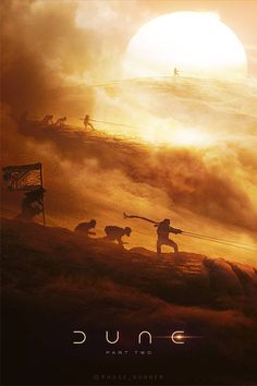 the poster for dune is shown with people walking up a hill in front of an orange sun