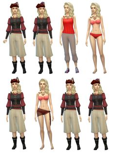 six different poses of a woman in various outfits