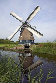 a windmill sitting on top of a body of water next to a lush green field