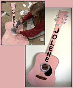 Pink guitar with Jolene on it. Dolly Parton Graduation Party, Lainey Wilson Birthday Theme, Country Music Party, Dolly Parton Party Theme