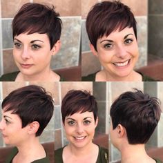 This Warm Brunette Textured Pixie Crop with Choppy Asymmetrical Bangs is a great modern cut for someone seeking a chic versatile style. This textured pixie can be worn disheveled and wavy or polished, with a blowout or use a flatiron for a sleek style. Its a great style to easily take you from work to play. Styling tips for this choppy pixie and other similar short hairstyles and hair color ideas can be found at Hairstyleology.com Hair Color Ideas For Brunettes Short, Textured Pixie, Cute Pixie Cuts, Asymmetrical Bangs, Warm Brunette, Pixie Crop