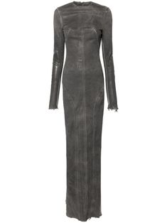 Long grey dress from Rick Owens in stretch denim with a transparent foil coating that feels waxy to the touch, slim fit, long sleeves with zippered cuffs, crew neck, flat seams on the shoulders, geographical seam on the chest that slopes laterally towards the hips and goes down the legs, wide mermaid bottom, back zip closure. Denim Gown, Denim Long Dress, Grey Long Dress, Rick Owens Women, Mid Length Skirts, Gunmetal Grey, Beautiful Skirts, Washed Denim, Denim Coat