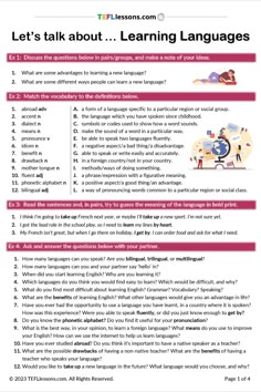 Vocabulary related to Learning Languages | Free ESL Resource | Teaching English Toefl Worksheets, Tefl Lessons, English Vocabulary Exercises, Esl Vocabulary Activities, English Conversation Practice, Speaking Activities Esl, English Talk, Reading Comprehension Lessons