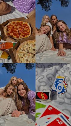 four different pictures of people laying in bed with pizza and sodas on the table