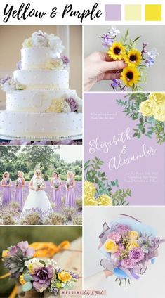 a collage of photos with flowers and wedding cake in the middle, yellow and purple