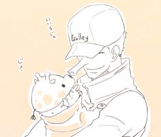 a drawing of a man holding a stuffed animal