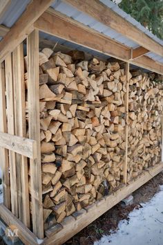 a large pile of logs sitting in front of a building with snow on the ground