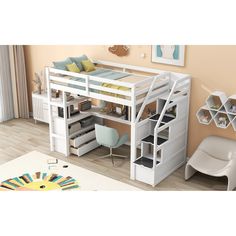 a white loft bed with stairs and desk underneath it in a room that has beige walls