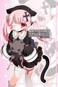 an anime character with pink hair holding a black cat in her arms and wearing a white dress