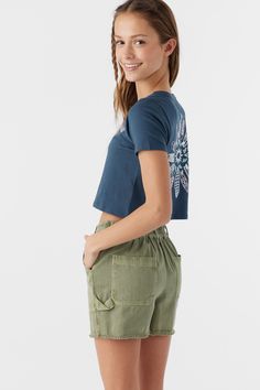 O'Neill Girl's woven short 3'' Inseam Length, 10'' Front Rise Slash Pockets Elastic at Back Waist Back Patch Pockets 100% Cotton twill | O'Neill Girl's Charli Ultility Shorts in Oil Green, Size XL, Twill Casual Tops With Elastic Waistband And Short Length, Blue Short Sleeve Tops With Elastic Waistband, Spring Suit, Swim Sets, Swim Shop, One Piece Swim, Suit Accessories, Back Patch, Girls Bags