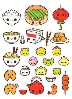 an assortment of food and drinks with faces drawn on the side, including chopsticks