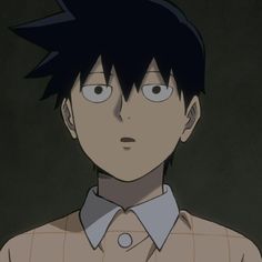 an anime character with black hair and blue eyes looking at the camera while wearing a brown shirt