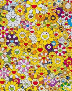 an abstract painting with many different colors and shapes in the center, including yellow flowers