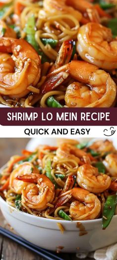 shrimp lo mein recipe in a bowl with chopsticks on the side and an image of