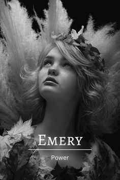 a woman with feathers on her head and the words emery in front of her face