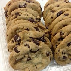 several chocolate chip cookies in a plastic container