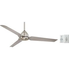 a ceiling fan that is on top of a wall with a remote control next to it