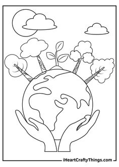 the earth in hands with trees and clouds on it coloring pages for kids, printable