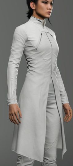 Future Aesthetic Sci Fi Outfit, Space Uniform Design, Futuristic Doctor Concept Art, White Jedi Outfit, Sci Fi Winter Clothes, Futuristic Business Suit, Futuristic Formal Wear, Sci Fi Dress Future Fashion, Futuristic Lab Coat