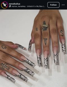 Black Freestyle Nails, Long French Nails, Black And White Nail, Cheetah Nails, Print Nails, Glow Nails