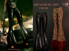 three different images of women in catsuits and leopard print pants, one is holding a guitar