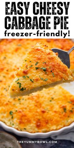 a piece of cheesy cabbage pie is being lifted from the casserole dish