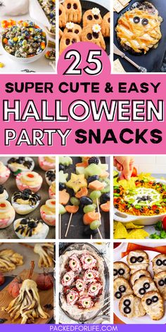 A collage of fun Halloween party food ideas, with a variety of cute and easy Halloween finger foods like spooky fruit skewers, mummy mini pizzas, monster-themed popcorn, and other creative snack options for a Halloween celebration.