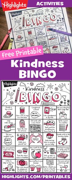 the free printable kindness bingo game for kids to practice their handwriting and writing skills