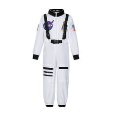 a white space suit with nasa patches on the chest and two black straps, in front of a white background