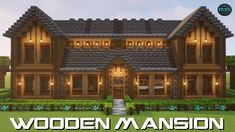 a large wooden mansion with lots of windows and plants in front of the entrance to it