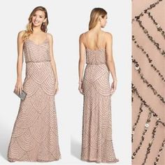 a woman in a long dress with beaded details on the side and an image of a