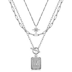 PRICES MAY VARY. ✿Size: Letter M Necklace. The shortest chain length is 14 inches, the second longest chain length is 16 inches, the longest chain length is 18 inches, Material: Made of high-quality brass, plated with 14K white gold, Weight: 50 grams. Toggle clasp, lobster clasp ✿Quantity: This package includes 3 paperclip chain layered initial necklace with exquisite packaging. All three chains are separate so you can do multiple combinations ✿Meaning: This silver layered necklaces for women ha Star Choker, Dainty Initial Necklace, Paperclip Chain Necklace, Initial Necklaces, Layered Choker Necklace, Layered Necklaces Silver, Letter Pendant Necklace, Gold Jewelry Necklace, Gold Choker Necklace