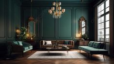 an elegant living room with green walls and wood flooring, chandelier hanging from the ceiling