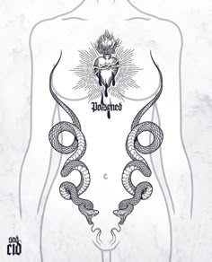 the back side of a man's torso with two snakes on it