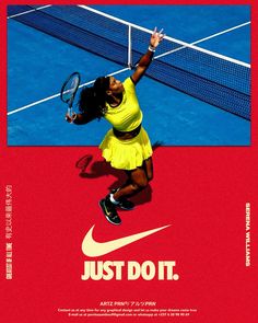 a woman in yellow is playing tennis on a red and blue court with the words just do it