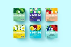 four boxes of assorted cereals on a blue background with the words sensee printed on them