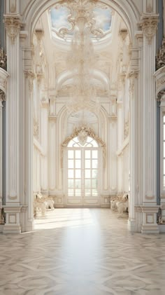 an empty room with columns and chandeliers