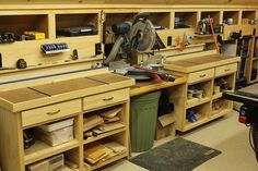 a workbench with many drawers and tools