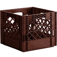 a brown plastic crate with lattice design on the front and sides, isolated against a white background