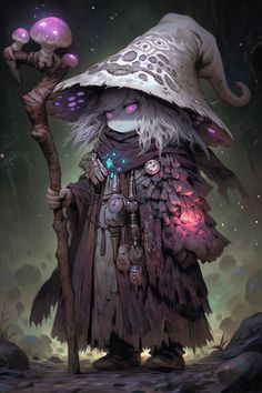 an illustration of a wizard holding a stick and wearing a large hat with glowing eyes