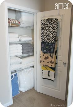 an open closet with folded towels and other items in the door, before and after