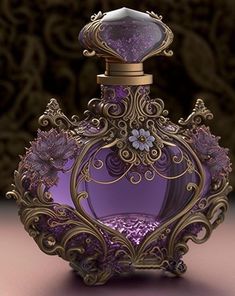 an ornate purple bottle with flowers on it