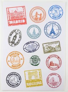 a bunch of stamps that are on a piece of paper