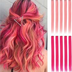 The Price Is Firm. Colored Rainbow Hair Extensions. Human Hair Blend Heat Resistant Fiber. Can Be Straighten Or Curled. Weight: 6.5g/Pcs. Color: Flesh Pink/Hot Pink. Length: 20 Inch. Attachment: Comb Clips. Package: 10 Pieces Per Package. Sunset Hair Color Ombre, Pink Hair Inspiration, Rainbow Hair Extensions, Alternative Beauty, Bridesmaid Hair Comb, Gothic Angel, Rainbow Hair Color