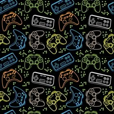 seamless pattern with video game controllers on black background