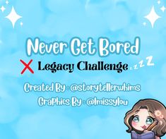 @imissylou made me graphics for another legacy challenge I wrote! Called the Never Get Bored Legacy Challenge she once again did an incredible job!! If ya'll play and share this legacy challenge, ple… Sims 3 Legacy Challenge, Sims Challenge Legacy, Sims 4 Stories Ideas, Sims Challenge Rules, Sims 4 Base Game Legacy Challenge, Sims Build Challenge Ideas, Storyline Ideas Sims 4, Sims 4 Vampire Legacy Challenge