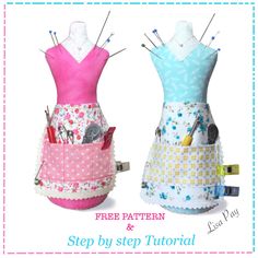 two aprons made out of fabric with sewing needles and buttons in them, one is pink and the other is blue